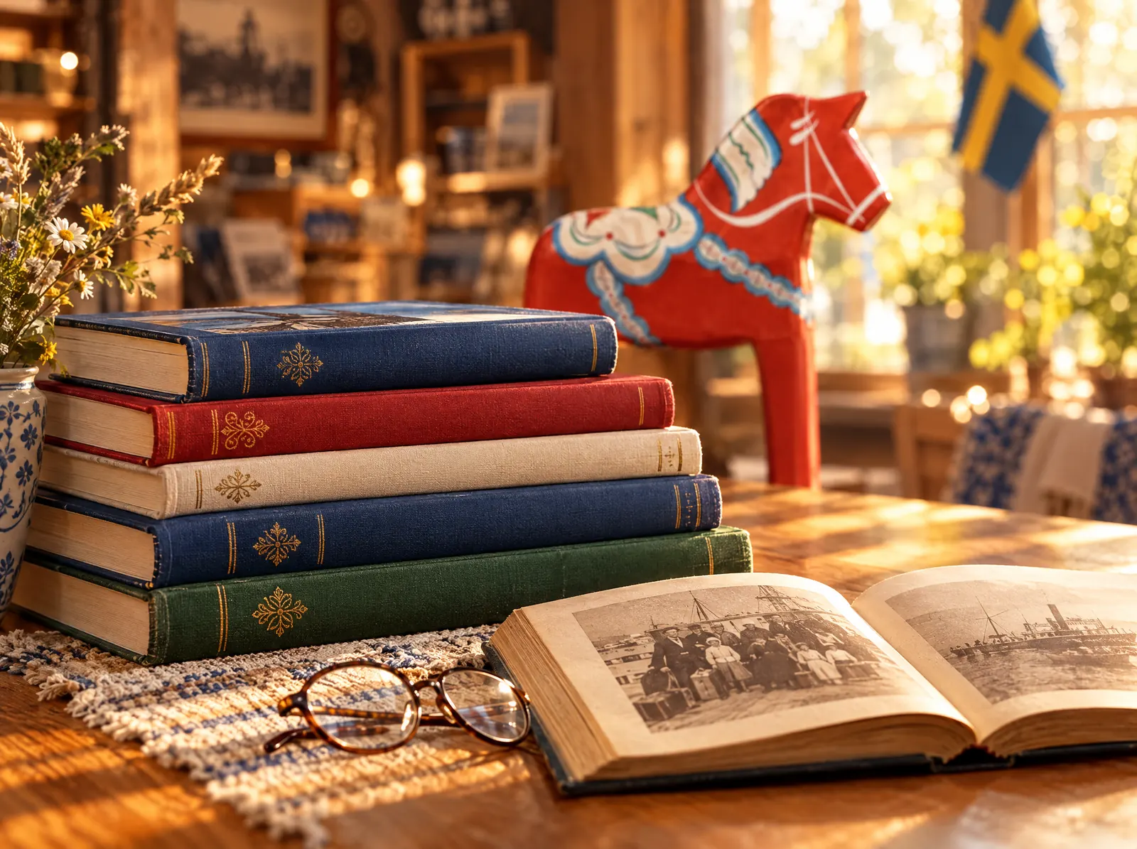 A stack of Swedish heritage and history books with a red Dala horse behind them