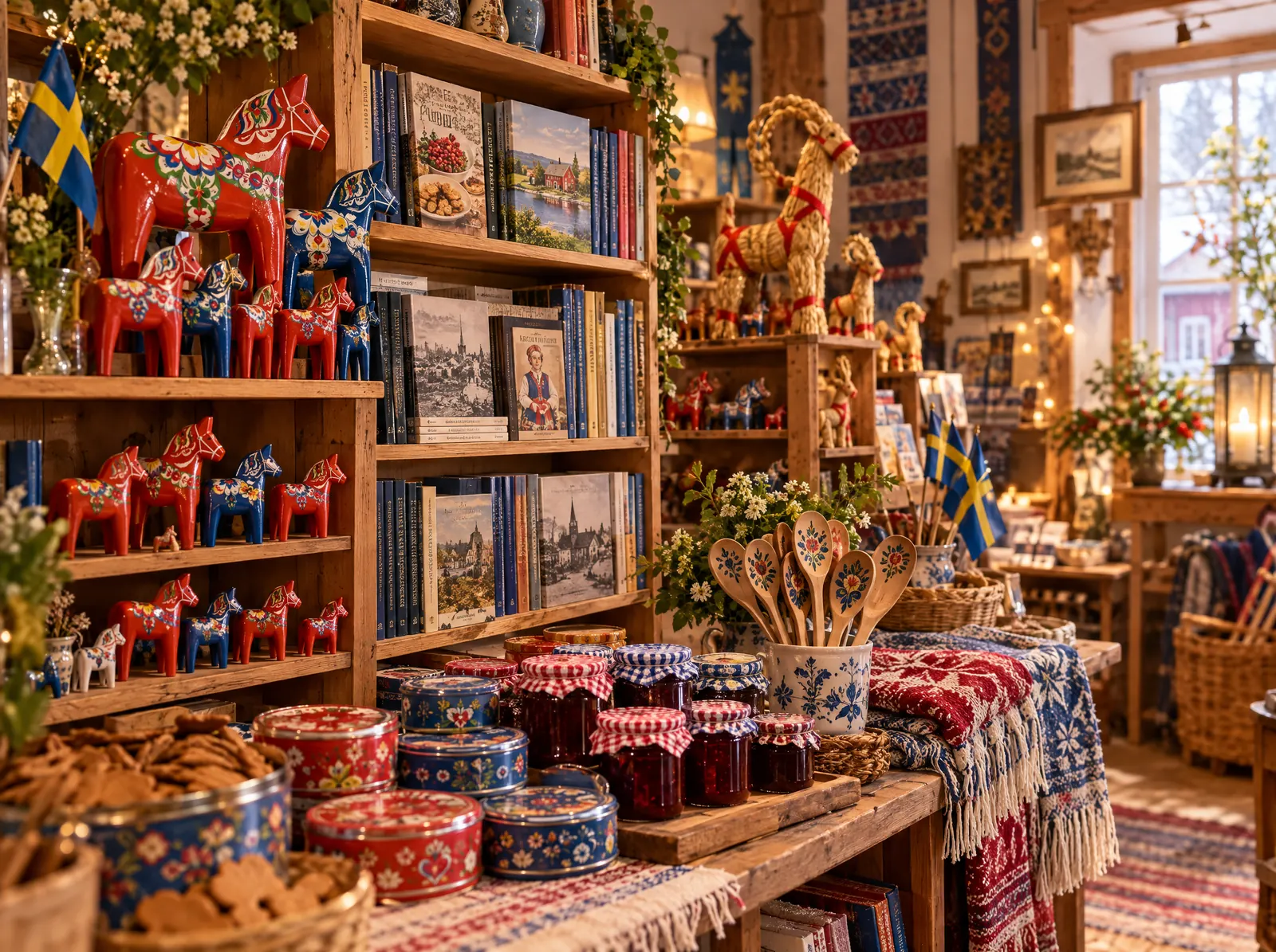 Museum gift shop shelves with Dala horses, books, and Swedish treats